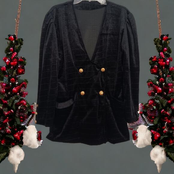 Velvet Jacket BLACK Blazer GOLD BUTTONS Deep V-neck Front Puff Shoulders Pockets - Picture 2 of 16